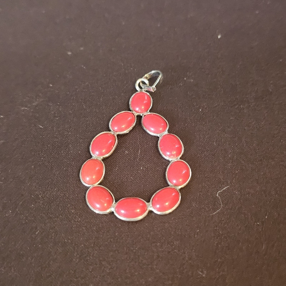 Genuine Red Coral Pendant 8.50 ct Silver Tone Designer Teardrop